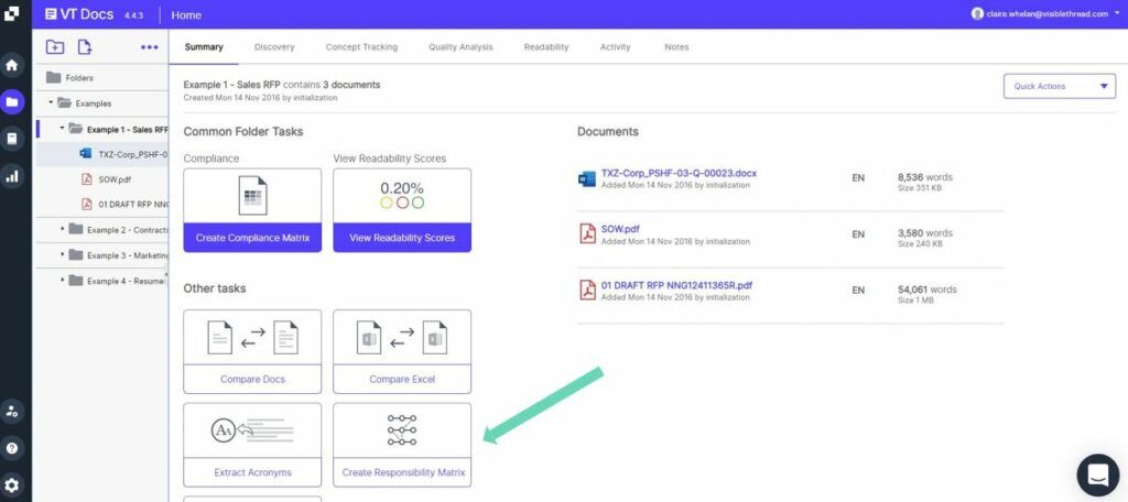 An arrow pointing to create responsibility matrix button in VT Docs.