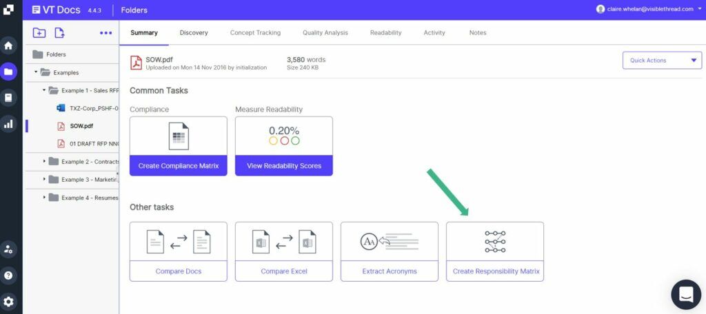 An arrow pointing to the create responsibility matrix button in VT Docs.